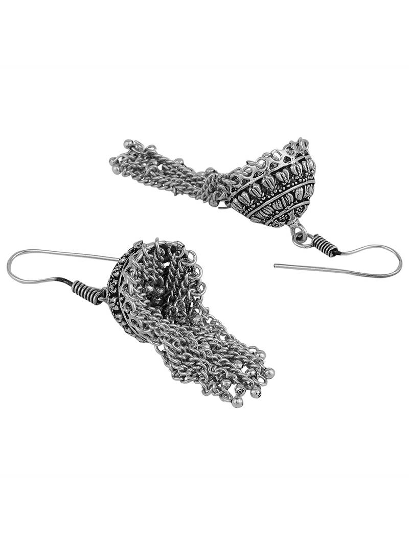 Styylo Fashion Silver Tone Assemetric Oxidised Taseled Jhumka Earring
