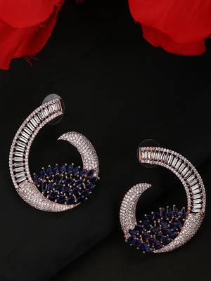 Styylo Fashion Rose Gold Plated Saphire Blue Stone Brass Cresent shape American Diamond Earring 1