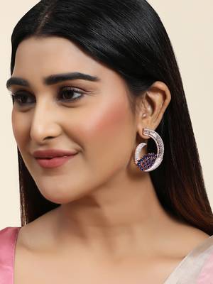 Styylo Fashion Rose Gold Plated Saphire Blue Stone Brass Cresent shape American Diamond Earring 2