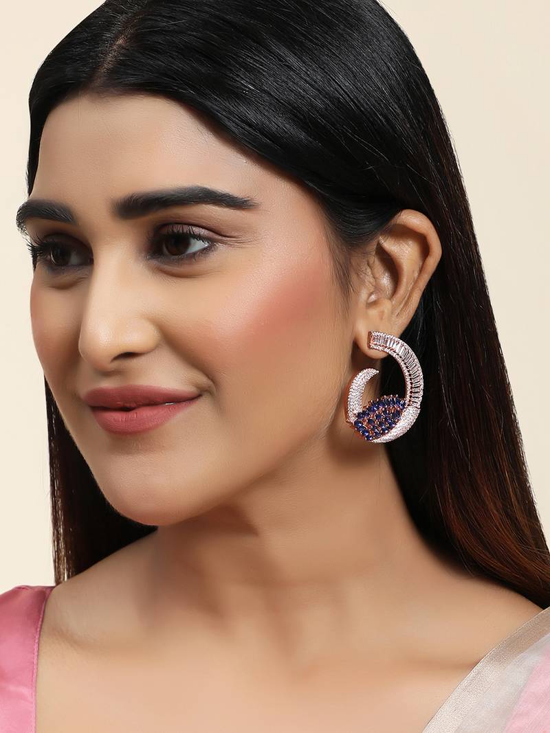 Styylo Fashion Rose Gold Plated Saphire Blue Stone Brass Cresent shape American Diamond Earring