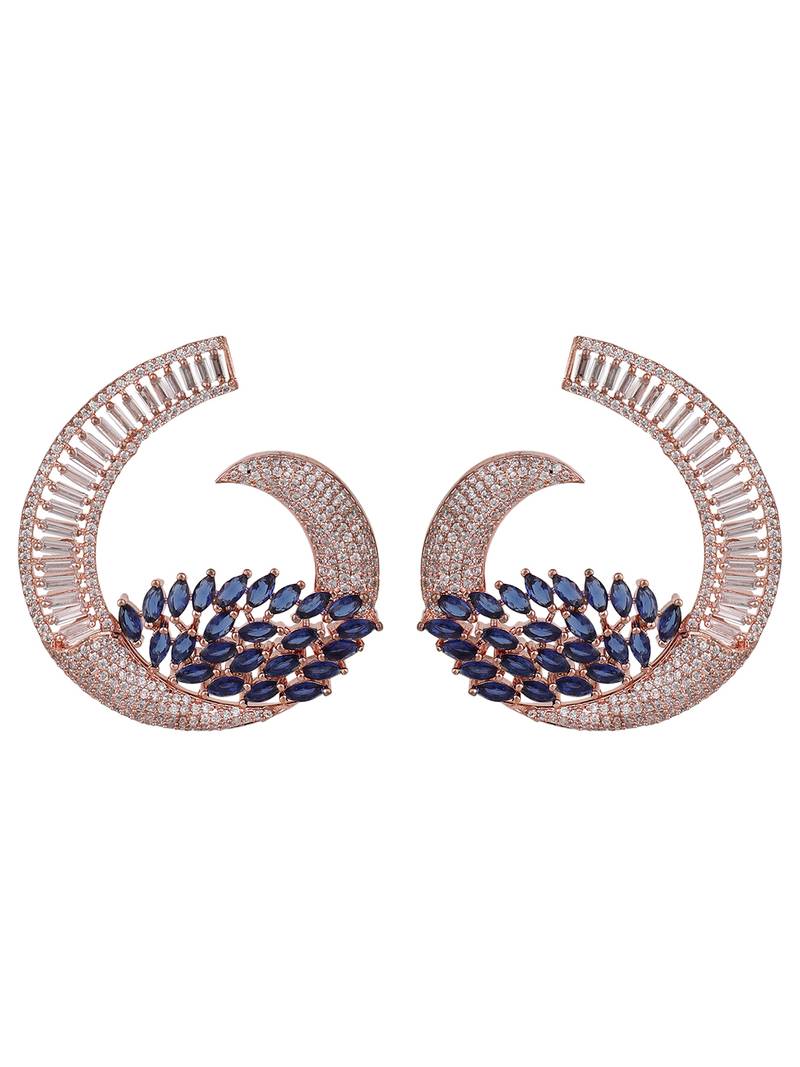 Styylo Fashion Rose Gold Plated Saphire Blue Stone Brass Cresent shape American Diamond Earring