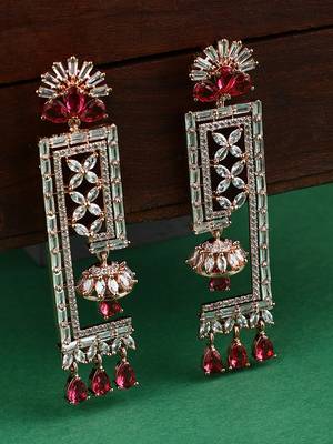 Styylo Fashion Red & White Geometric Shaped Floral Gold Plated American Diamond Earring 1