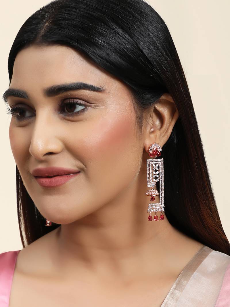 Styylo Fashion Red & White Geometric Shaped Floral Gold Plated American Diamond Earring