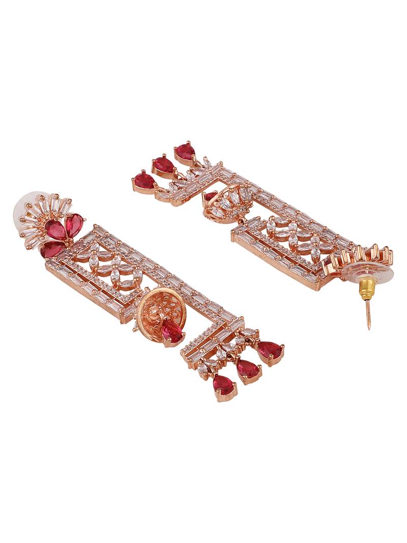 Styylo Fashion Red & White Geometric Shaped Floral Gold Plated American Diamond Earring