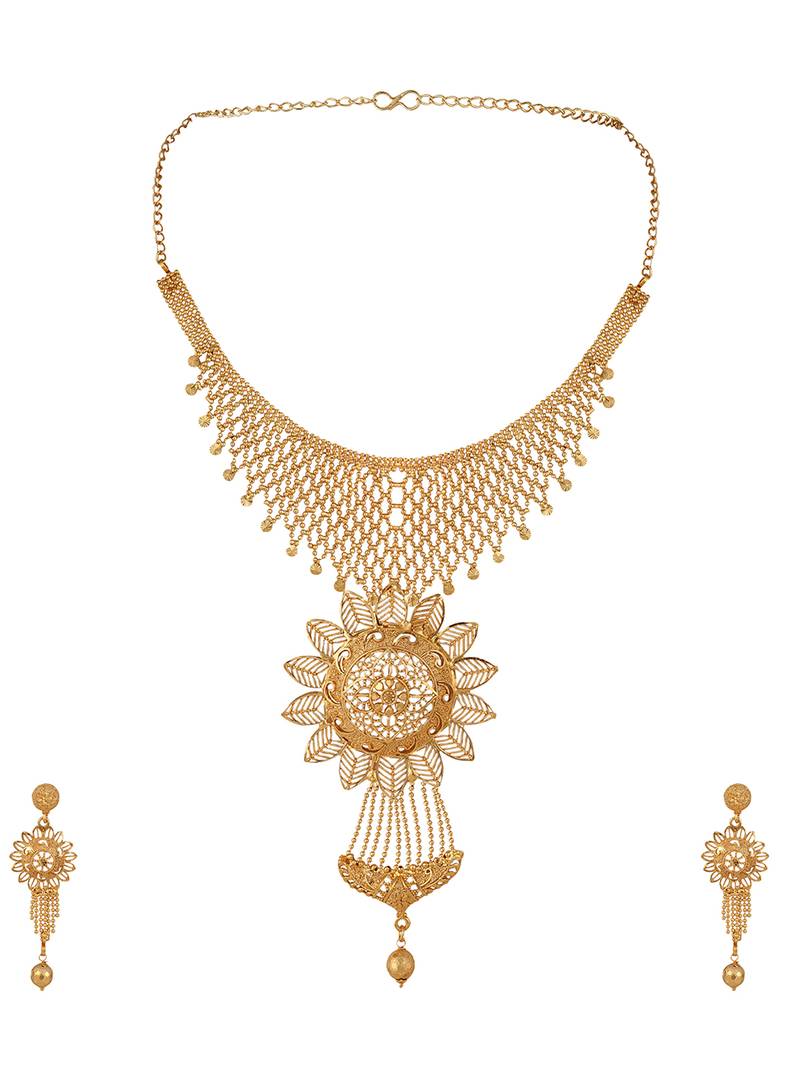 Styylo Fashion 22K Gold Plated Jaal Work Floral Traditional Brass Full Neck Cover Jewellery Set