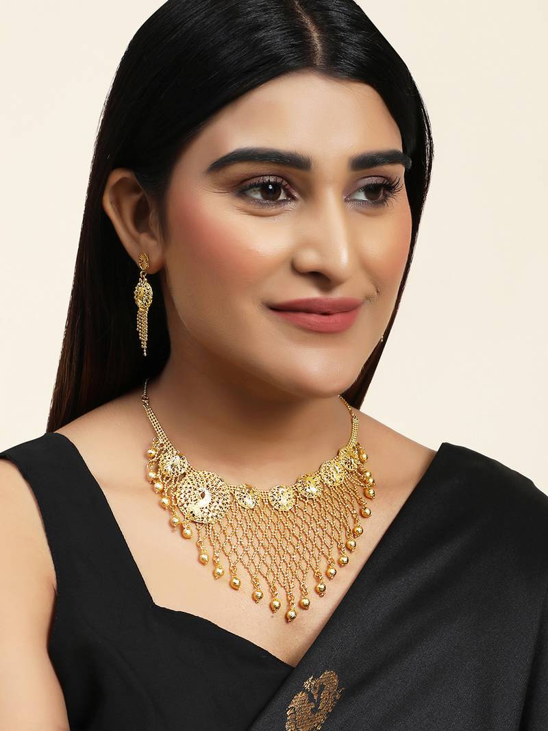 Styylo Fashion Gold Plated Jaal Work Peacock Traditional Brass Full Neck Cover Jewellery Set