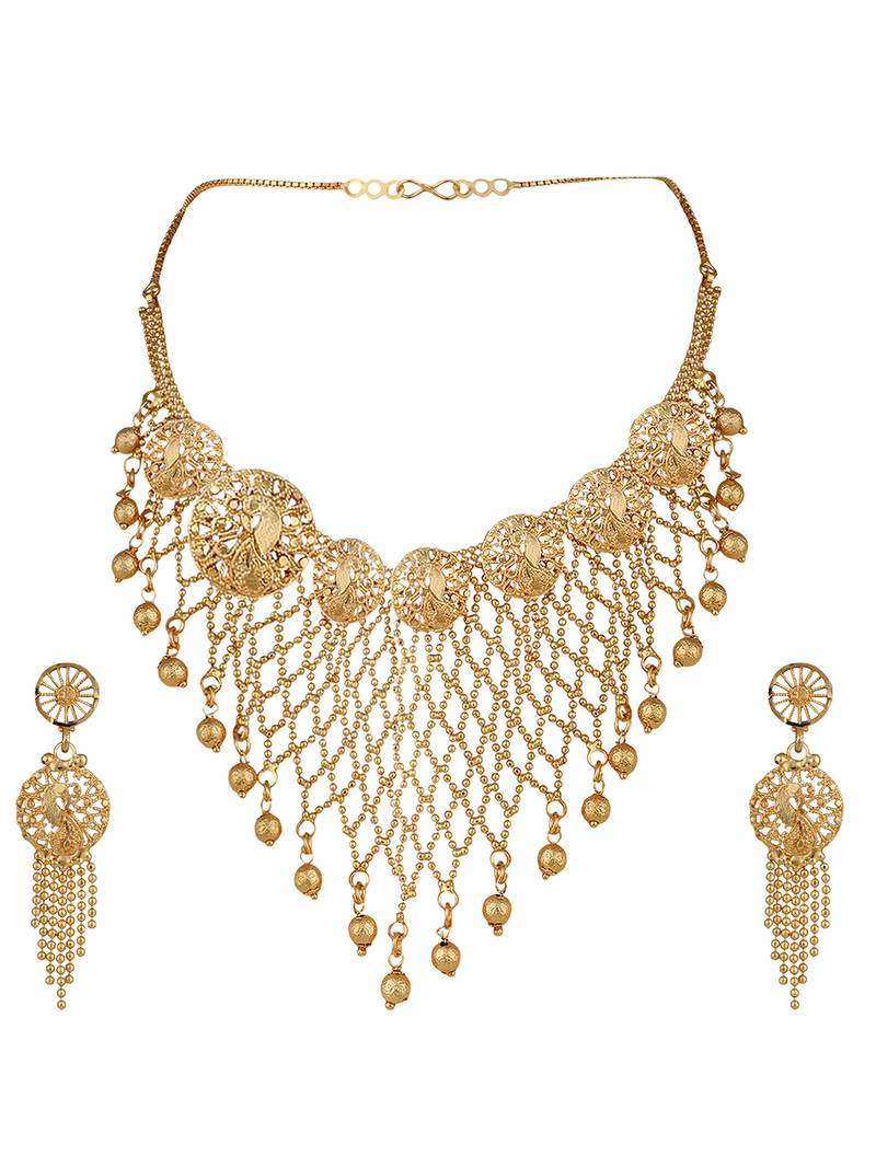 Styylo Fashion Gold Plated Jaal Work Peacock Traditional Brass Full Neck Cover Jewellery Set