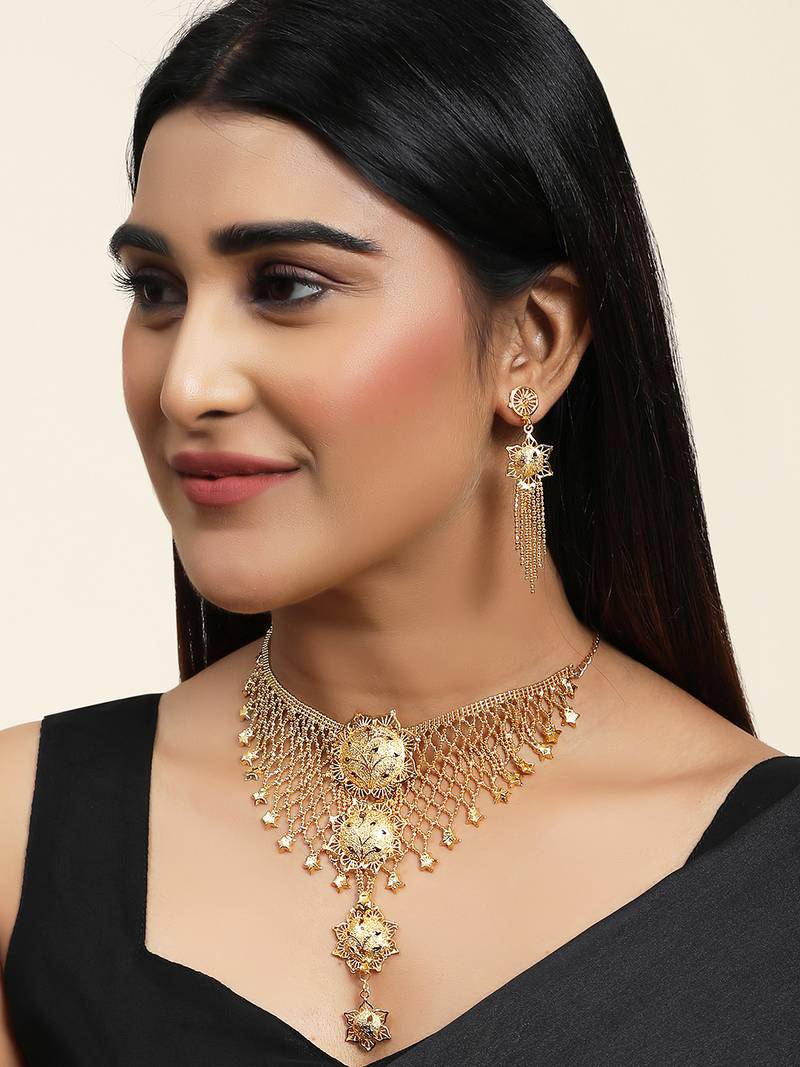 Styylo Fashion Gold Plated Jaal Work Star Traditional Brass Full Neck Cover Jewellery Set