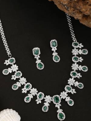 Styylo Fashion Silver Plated AD & Emerald Green Stone Studded Jewellery Set 1