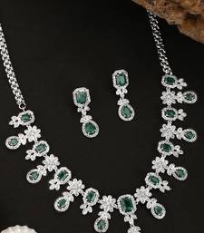 Styylo Fashion Silver Plated AD & Emerald Green Stone Studded Jewellery Set