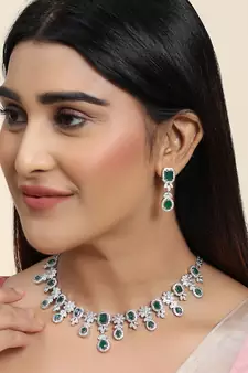 Styylo Fashion Silver Plated AD & Emerald Green Stone Studded Jewellery Set