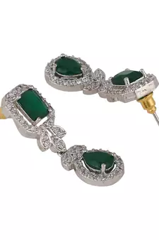 Styylo Fashion Silver Plated AD & Emerald Green Stone Studded Jewellery Set