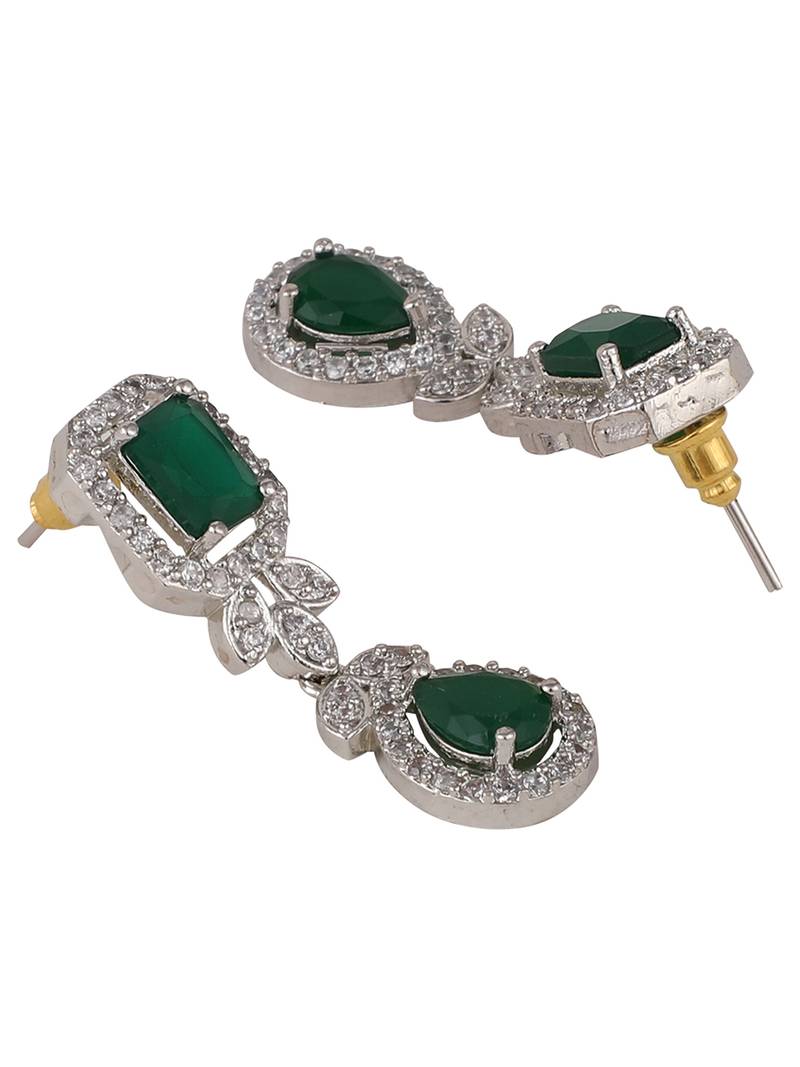 Styylo Fashion Silver Plated AD & Emerald Green Stone Studded Jewellery Set