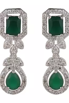 Styylo Fashion Silver Plated AD & Emerald Green Stone Studded Jewellery Set