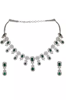 Styylo Fashion Silver Plated AD & Emerald Green Stone Studded Jewellery Set