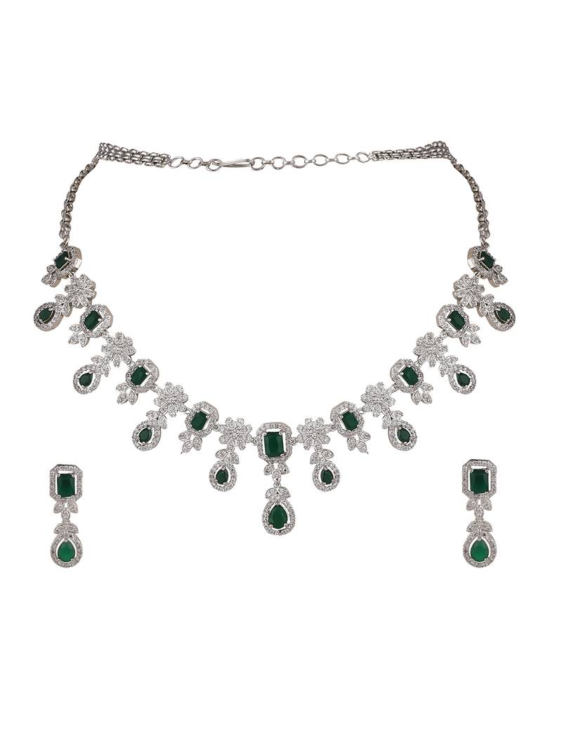 Styylo Fashion Silver Plated AD & Emerald Green Stone Studded Jewellery Set