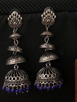 Designer Silver Tone Oxidised Blue Bead Jhumka earring 1