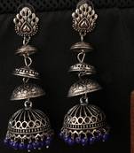 Designer Silver Tone Oxidised Blue Bead Jhumka earring