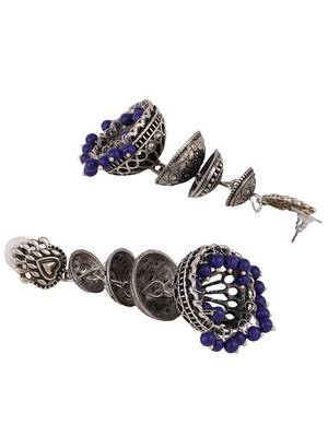 Designer Silver Tone Oxidised Blue Bead Jhumka earring 2