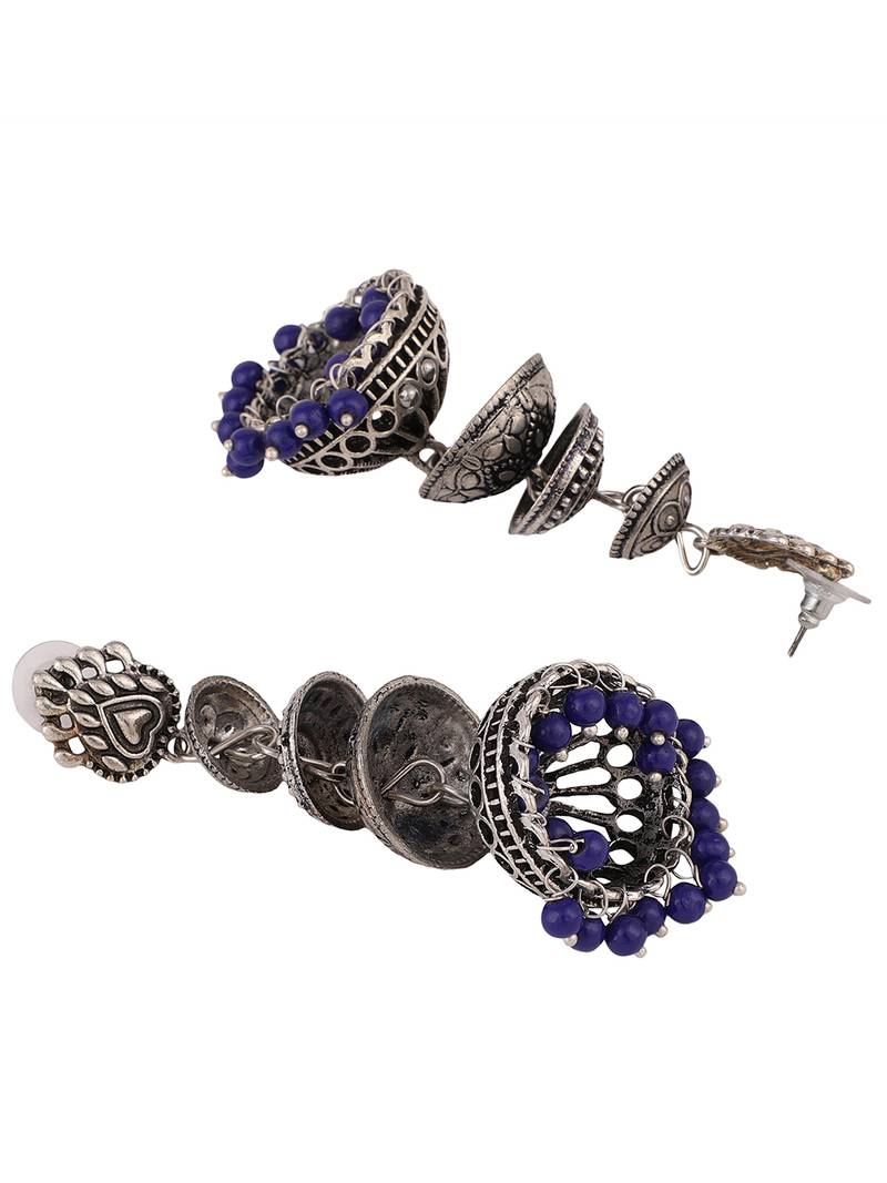 Designer Silver Tone Oxidised Blue Bead Jhumka earring