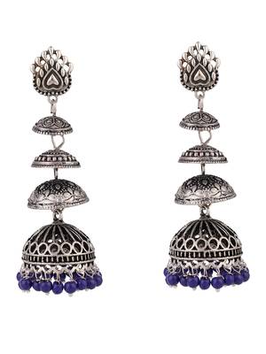Designer Silver Tone Oxidised Blue Bead Jhumka earring 3