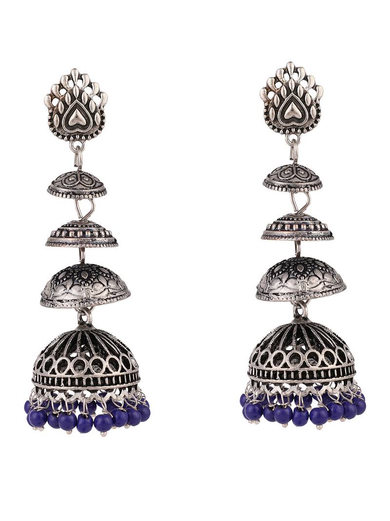 Designer Silver Tone Oxidised Blue Bead Jhumka earring