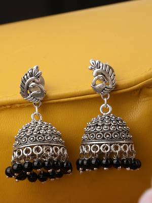 Oxidised Silver Stylish Peacock Shaped Black Pearl Jhumka 1