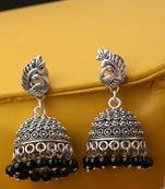 Oxidised Silver Stylish Peacock Shaped Black Pearl Jhumka