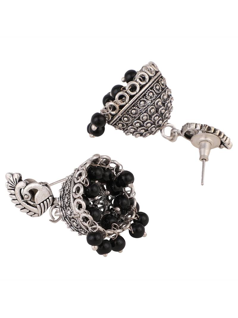 Oxidised Silver Stylish Peacock Shaped Black Pearl Jhumka
