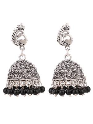 Oxidised Silver Stylish Peacock Shaped Black Pearl Jhumka 3