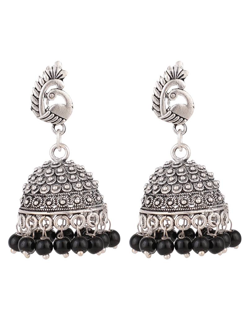 Oxidised Silver Stylish Peacock Shaped Black Pearl Jhumka