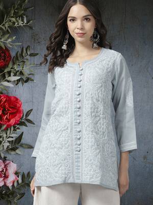 Hand Embroidered Grey Cotton Lucknow Chikankari Trending Women Kurti With Zari Work 1