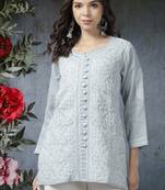 Hand Embroidered Grey Cotton Lucknow Chikankari Trending Women Kurti With Zari Work