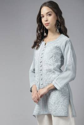 Hand Embroidered Grey Cotton Lucknow Chikankari Trending Women Kurti With Zari Work 2