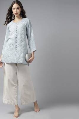 Hand Embroidered Grey Cotton Lucknow Chikankari Trending Women Kurti With Zari Work 3