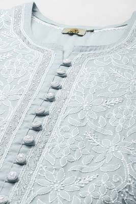 Hand Embroidered Grey Cotton Lucknow Chikankari Trending Women Kurti With Zari Work 4