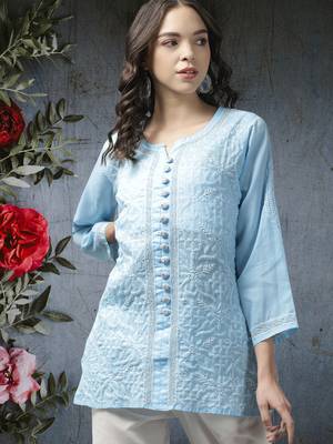 Hand Embroidered Blue Cotton Lucknowi Chikankari Women Short Kurti With Zari Work 1