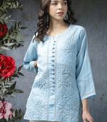 Hand Embroidered Blue Cotton Lucknowi Chikankari Women Short Kurti With Zari Work