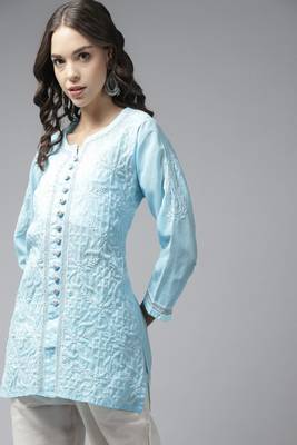 Hand Embroidered Blue Cotton Lucknowi Chikankari Women Short Kurti With Zari Work 3