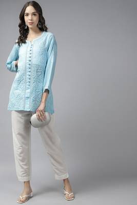 Hand Embroidered Blue Cotton Lucknowi Chikankari Women Short Kurti With Zari Work 4