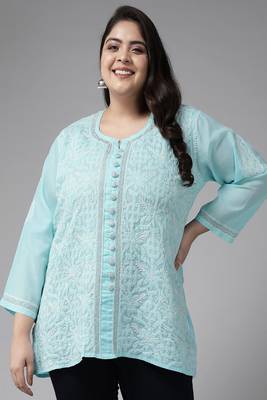 Hand Embroidered Blue Cotton Lucknowi Chikankari Women Short Kurti With Zari Work 5