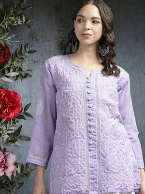 Ada Hand Embroidered Mauve Cotton Lucknowi Chikankari Women Trending Short Kurti with Zari Work - A911197 1