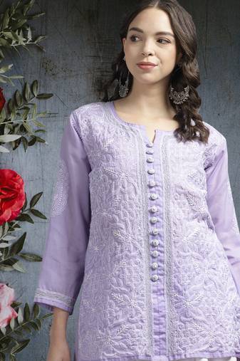 Ada Hand Embroidered Mauve Cotton Lucknowi Chikankari Women Trending Short Kurti with Zari Work - A911197