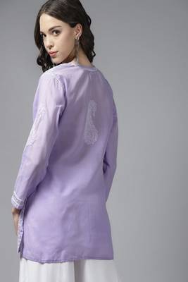 Ada Hand Embroidered Mauve Cotton Lucknowi Chikankari Women Trending Short Kurti with Zari Work - A911197 2