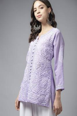 Ada Hand Embroidered Mauve Cotton Lucknowi Chikankari Women Trending Short Kurti with Zari Work - A911197 3