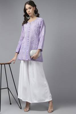 Ada Hand Embroidered Mauve Cotton Lucknowi Chikankari Women Trending Short Kurti with Zari Work - A911197 4
