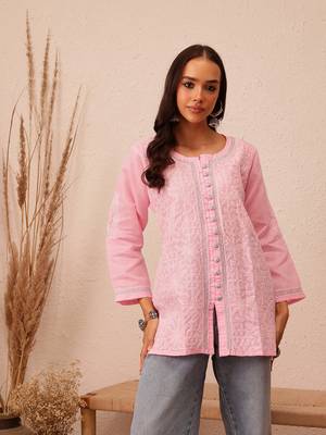 Hand Embroidered Pink Cotton Lucknowi Chikankari Women Short Kurti With Zari Work 1