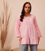 Hand Embroidered Pink Cotton Lucknowi Chikankari Women Short Kurti With Zari Work