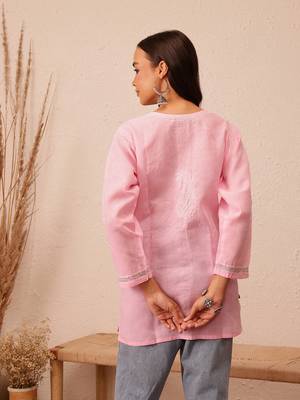 Hand Embroidered Pink Cotton Lucknowi Chikankari Women Short Kurti With Zari Work 2