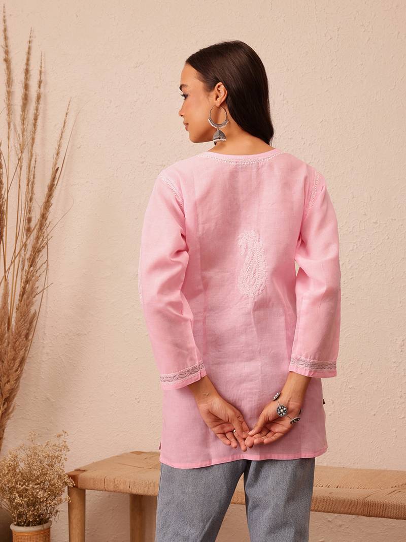Hand Embroidered Pink Cotton Lucknowi Chikankari Women Short Kurti With Zari Work